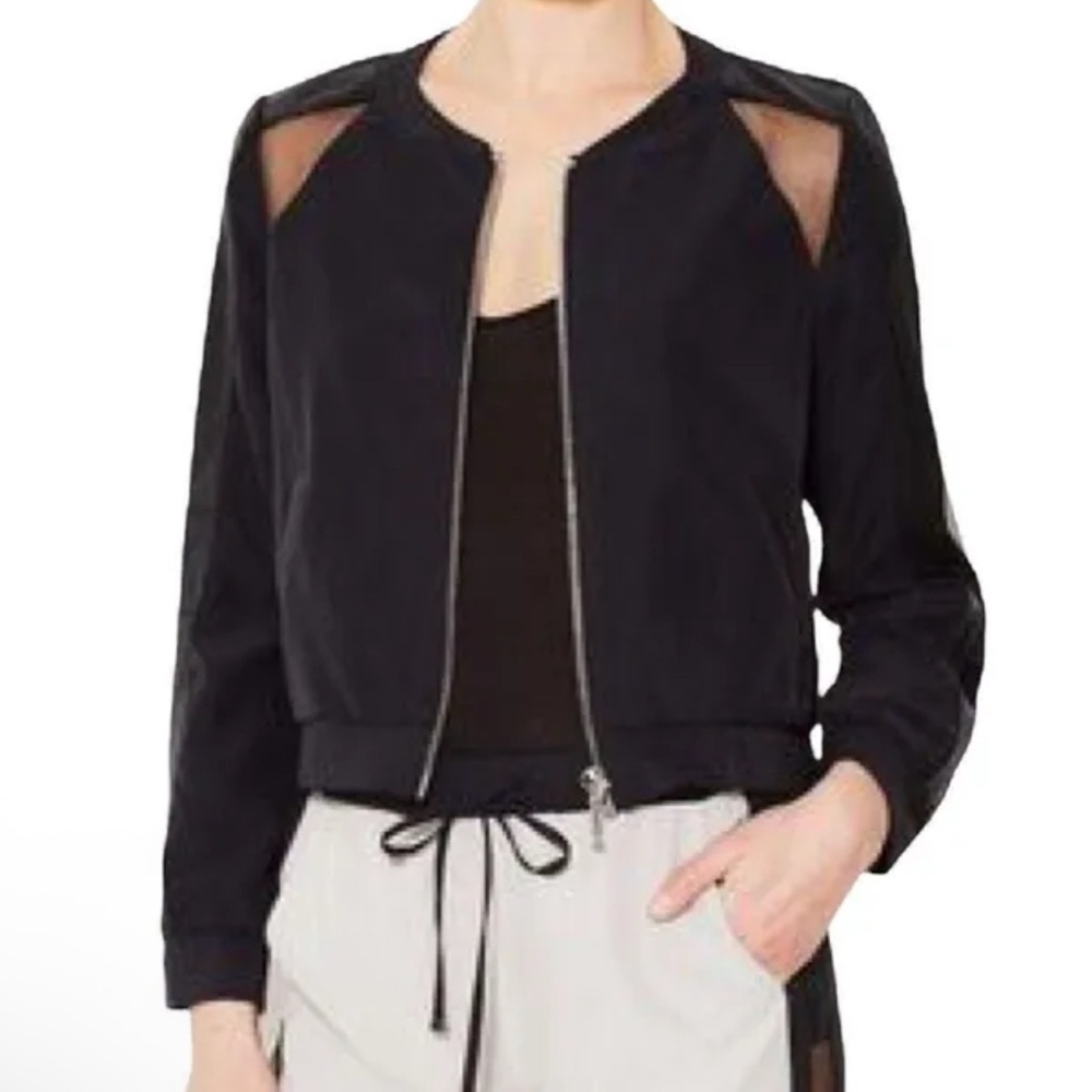 Stella & Jamie Black Mesh Faux Leather Lightweight Bomber Jacket